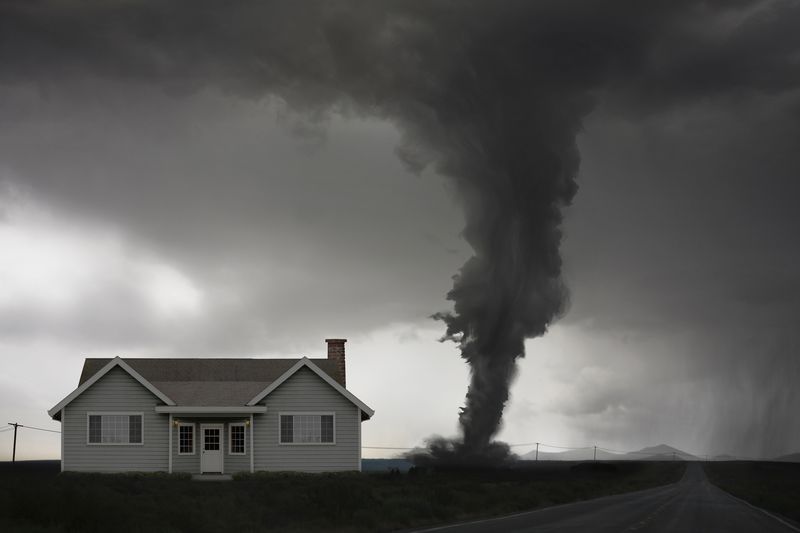 tornado approaching a house in a rural landscape