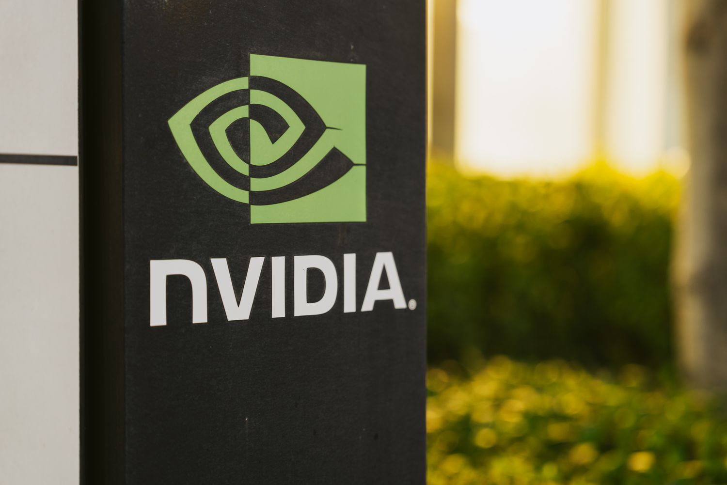 The Nvidia logo on a sign outside of the company's headquarters.