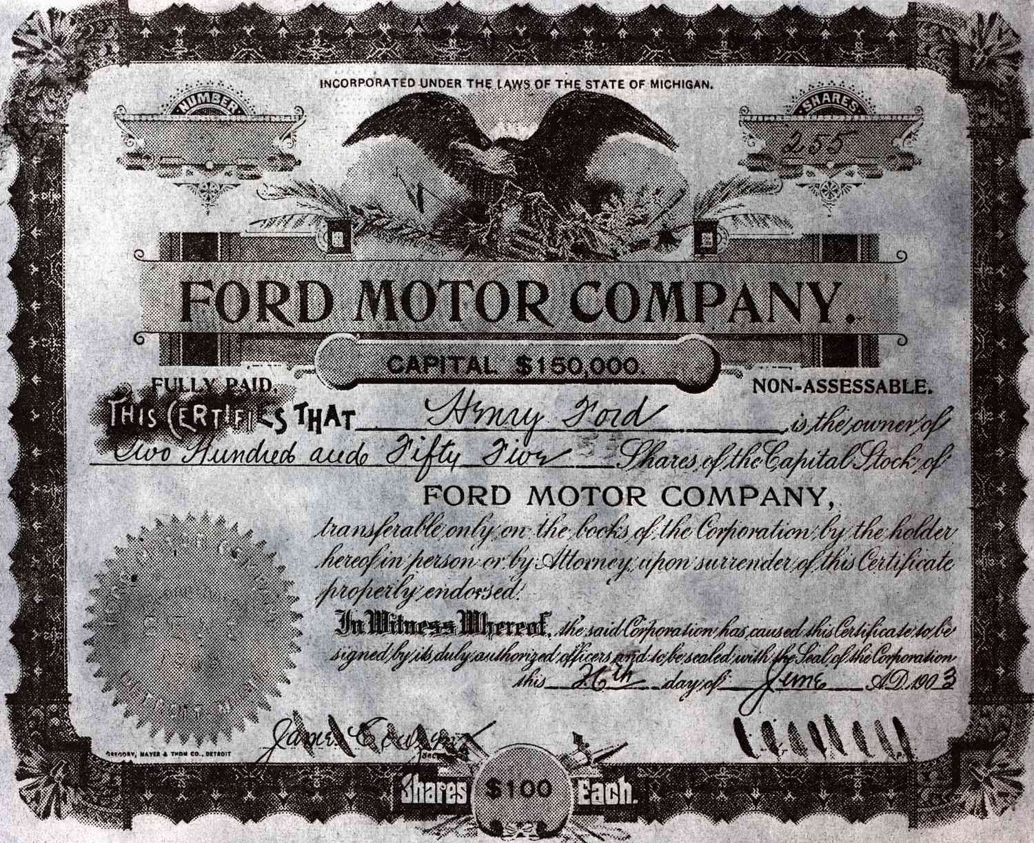 A stock certificate in the Ford Motor Company, issued to Henry Ford himself. Ford owned 255 shares at $10 par value.
