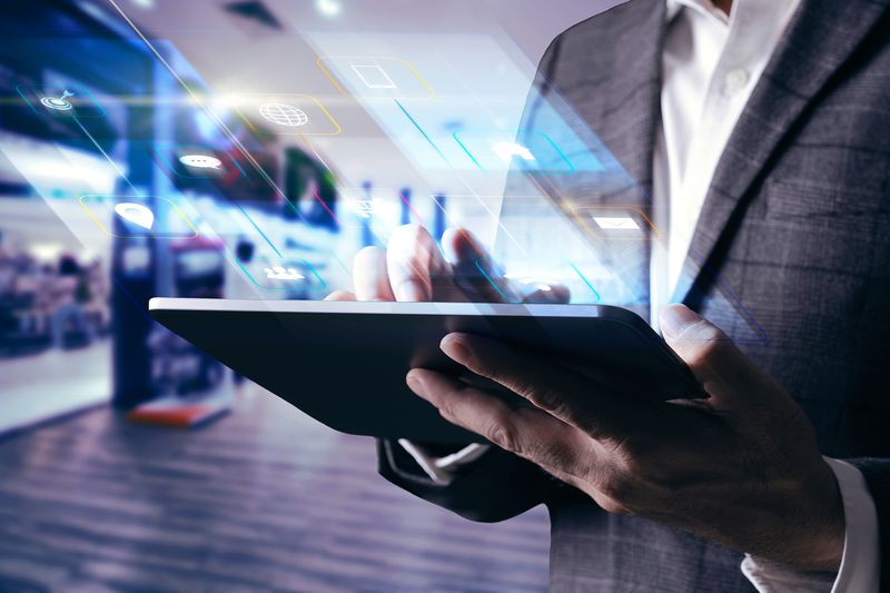 Businessman Using Modern Interface Payments Online Shopping and ICON Customer Network Connection on Virtual Screen