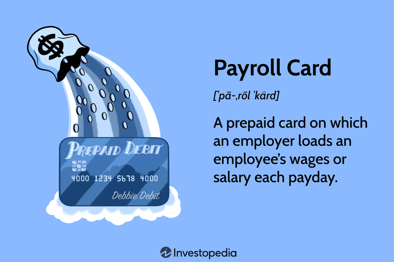 Payroll Card: A prepaid card on which an employer loads an employeeâs wages or salary each payday.