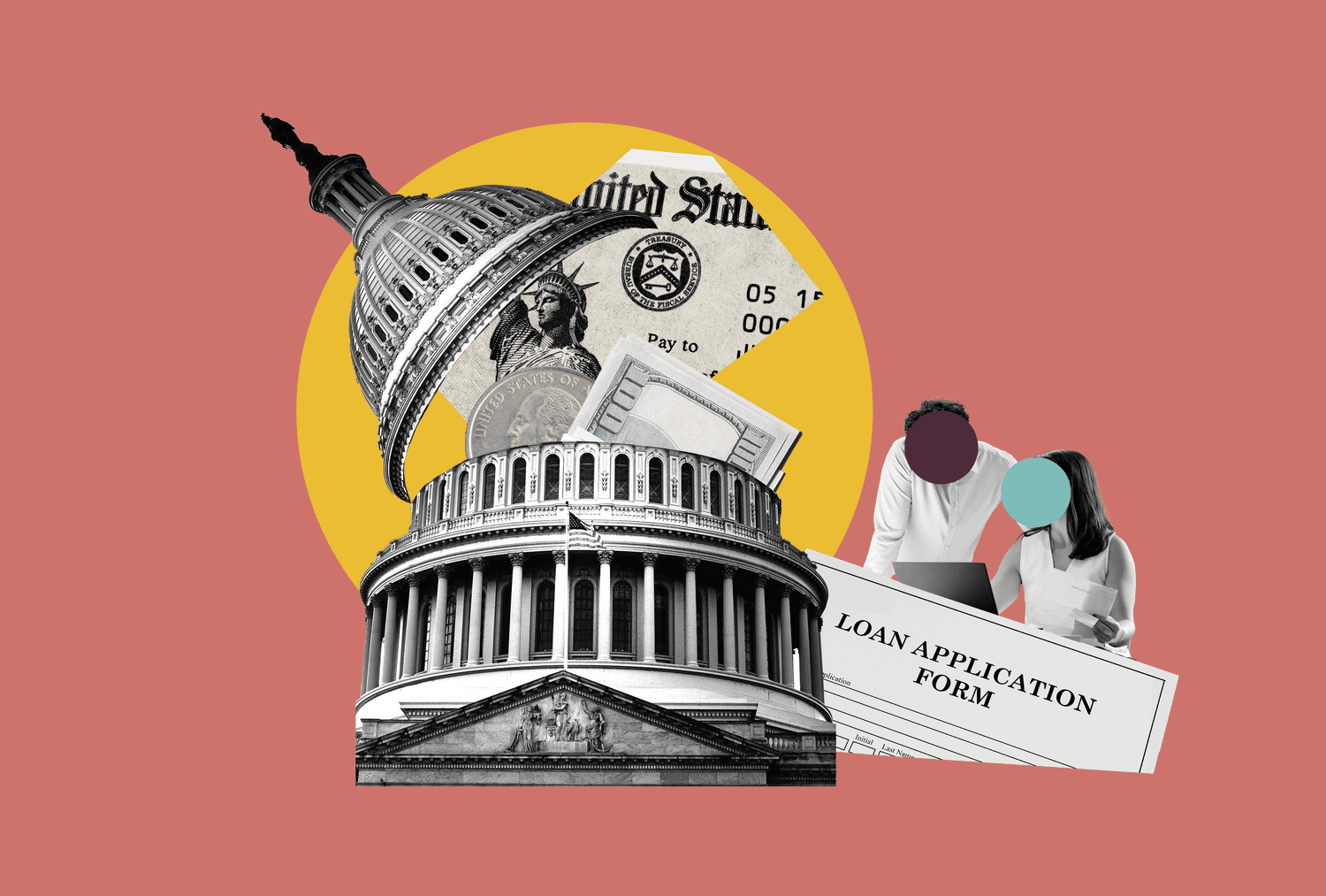 Collage of government building, loan application form, and people. 