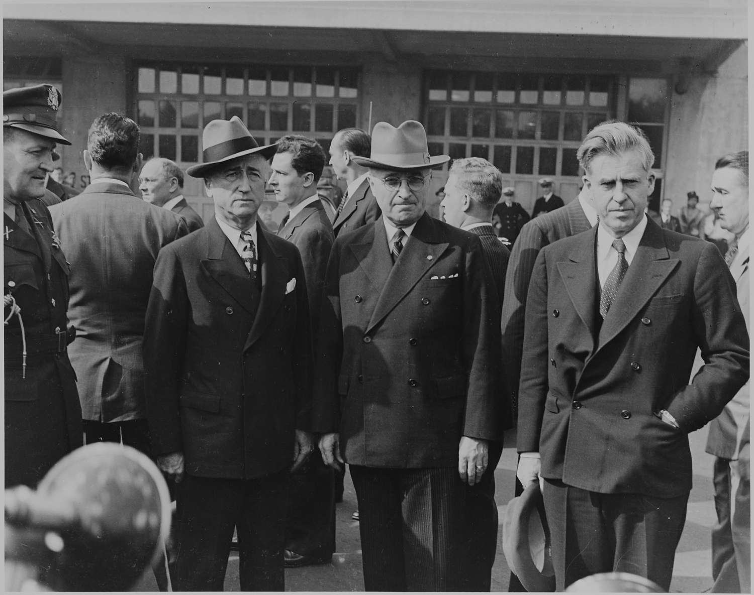 President Harry S. Truman, James F. Byrnes and Henry A. Wallace, taken during the funeral ceremony for Franklin D. Roosevelt.