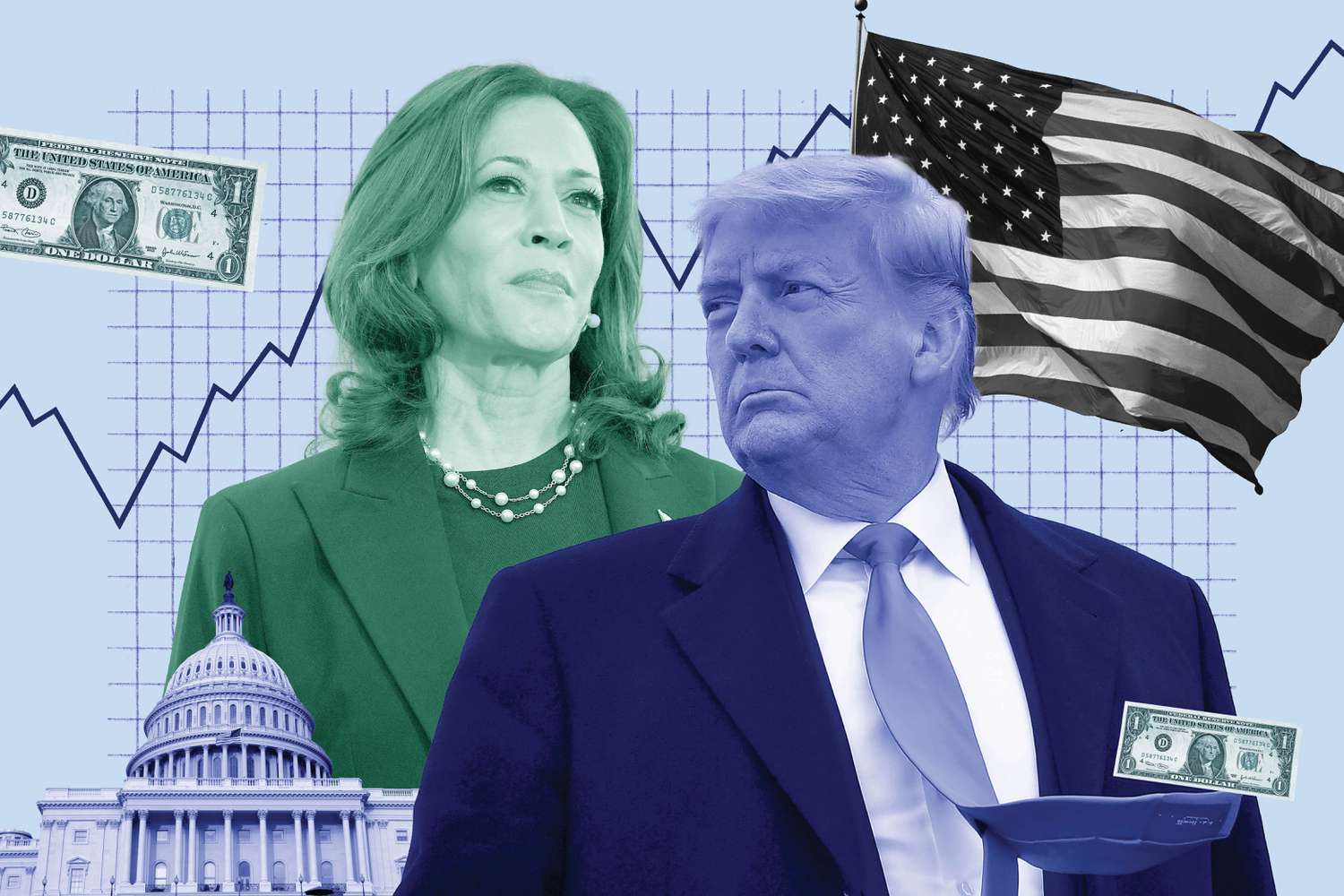 illustration of elections with Kamala Harris, Donald Trump, Capital building, American flag and dollar bills.