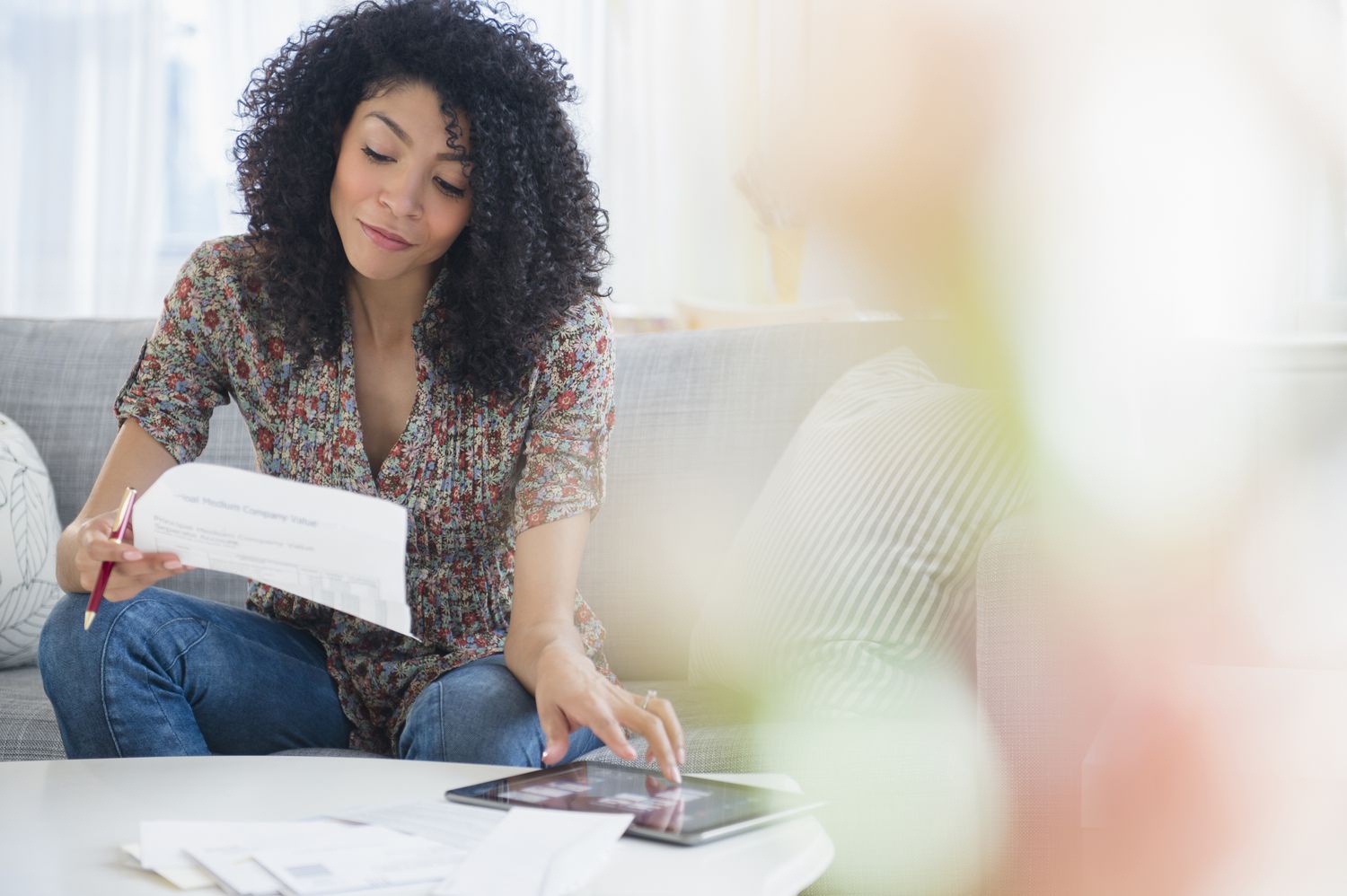 Woman paying bills