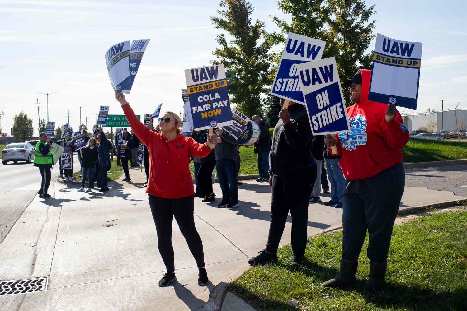 United Auto Workers members on strike at a Stellantis plant.