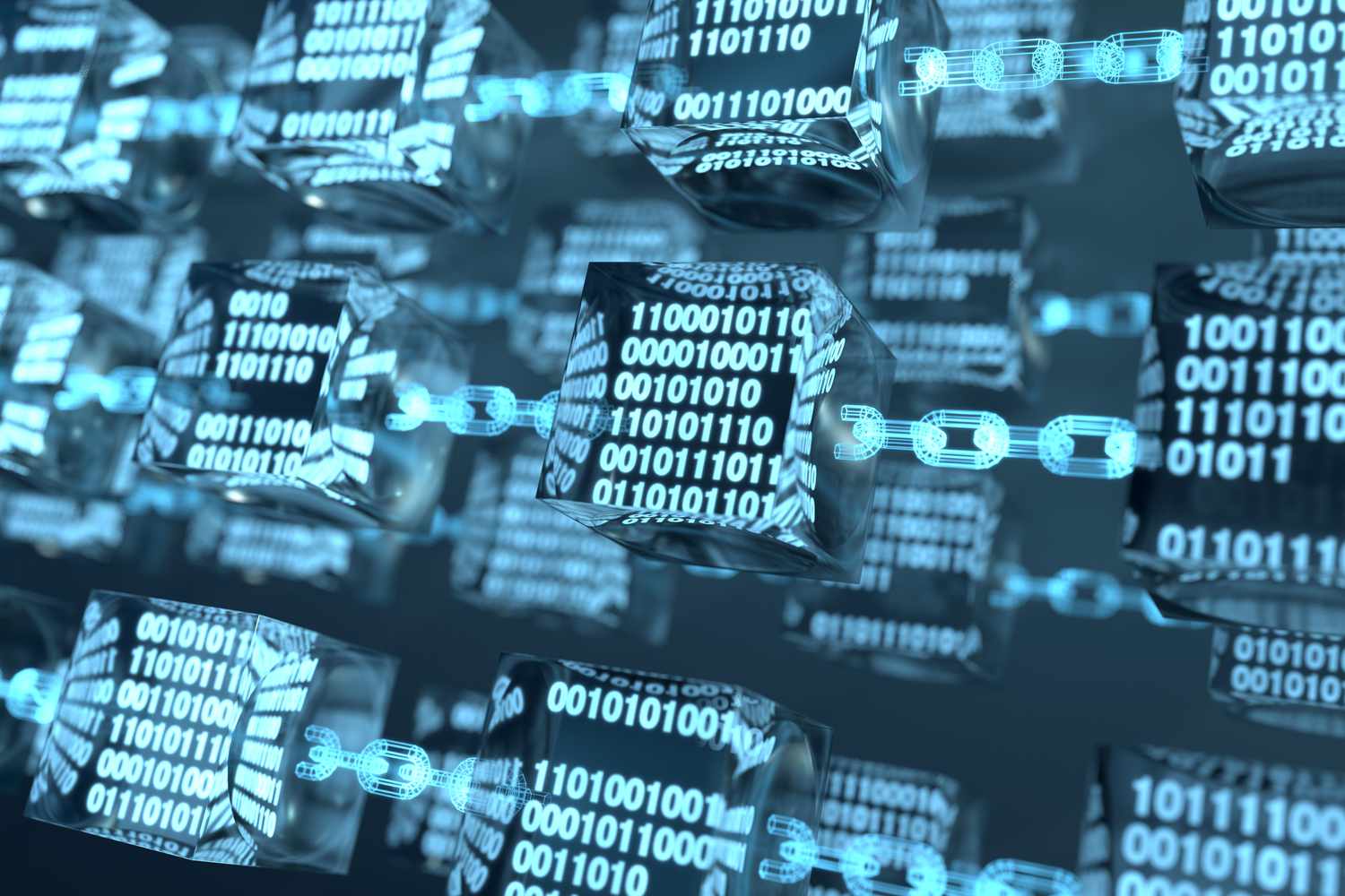 An abstract representation of the blockchain: a transparent cube with encryption data code and digital chain.
