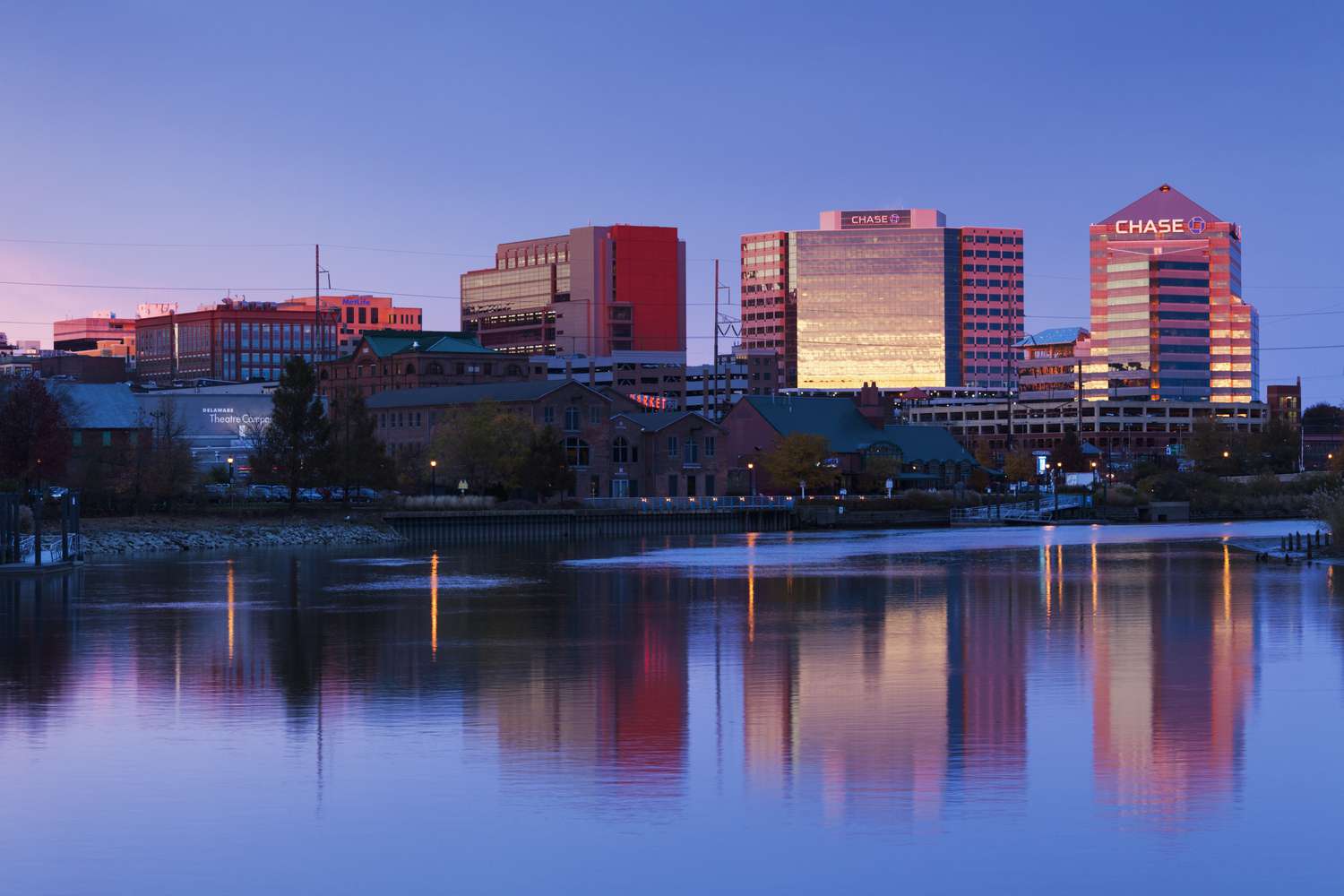 USA, Delaware, Wilmington skyline on the Christina River, dusk.