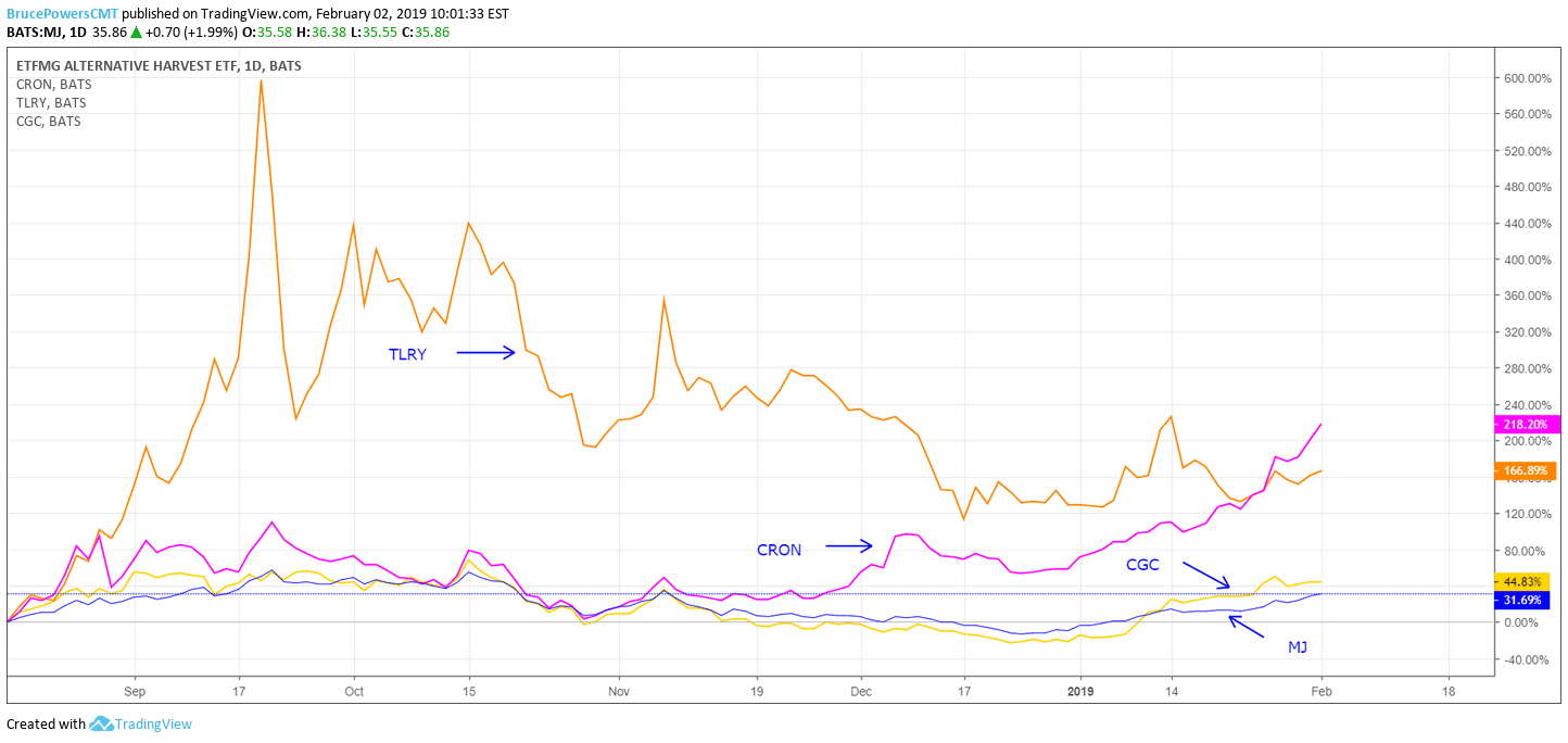 Six-month relative performance chart of cannabis stocks and ETF