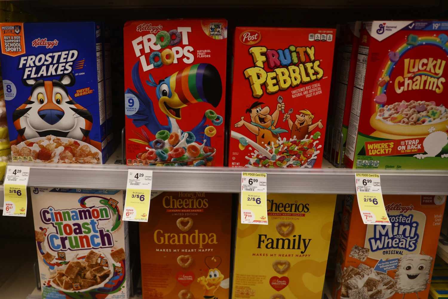 Cereal is on sale at a supermarket. 