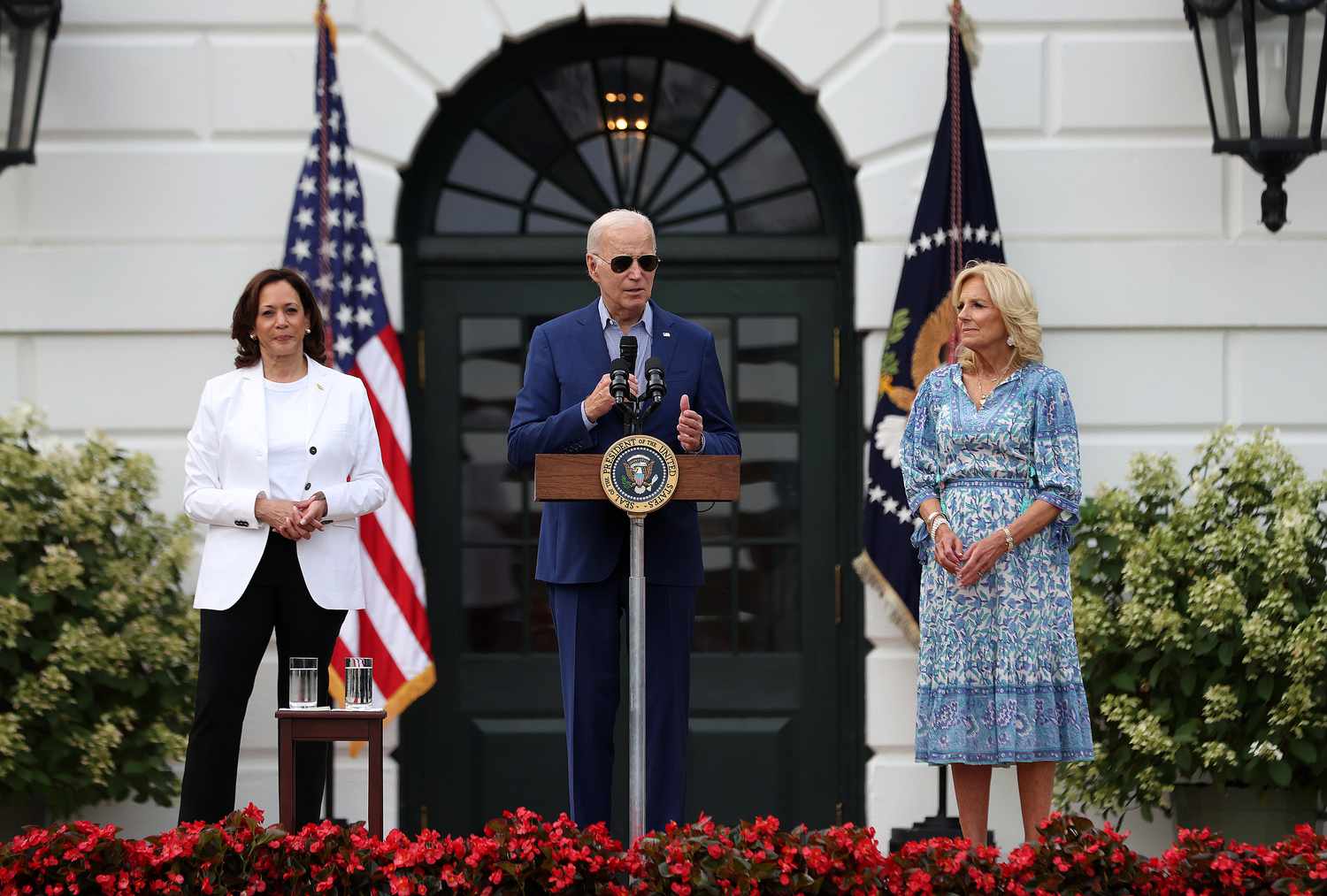 U.S. President Joe Biden delivers remarks alongside first lady Jill Biden and Vice President Kamala Harris at the Congressional Picnic on the South Lawn of the White House on July 19, 2023 in Washington, DC.