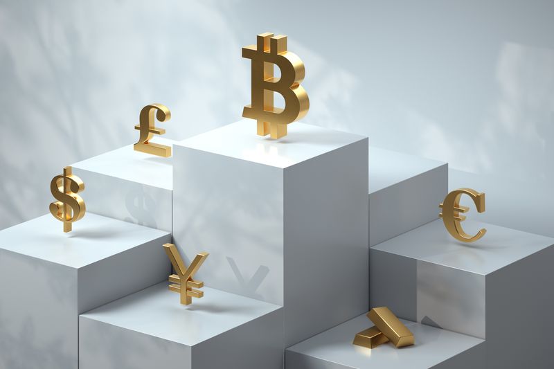 Pedestal with different currency symbols in gold