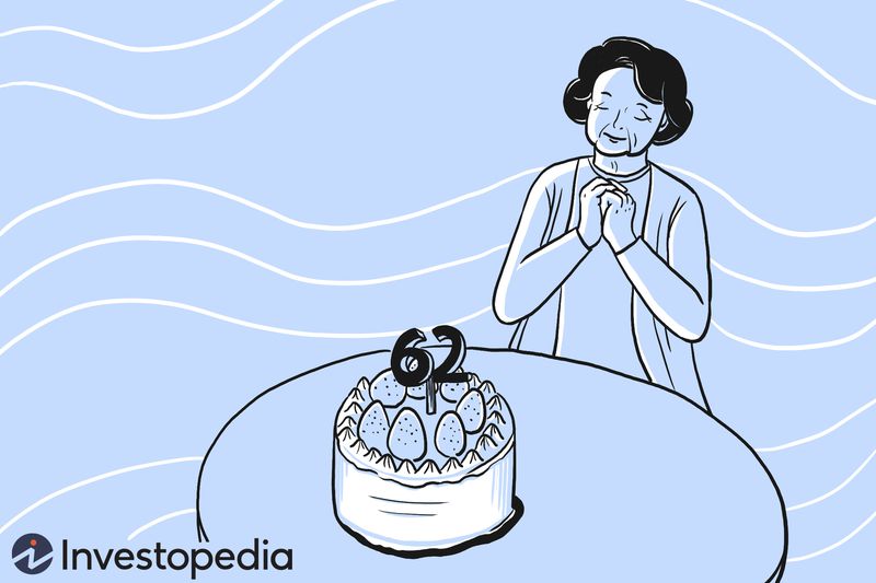 A woman stands at a table looking at a cake with the number 62 on it.