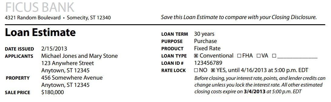 Loan estimate form, top of page 1