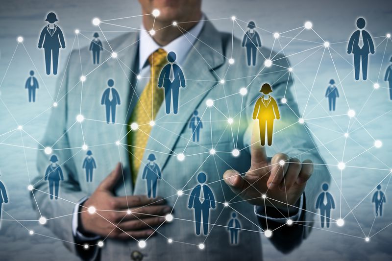 A man amidst an illustrated web of people