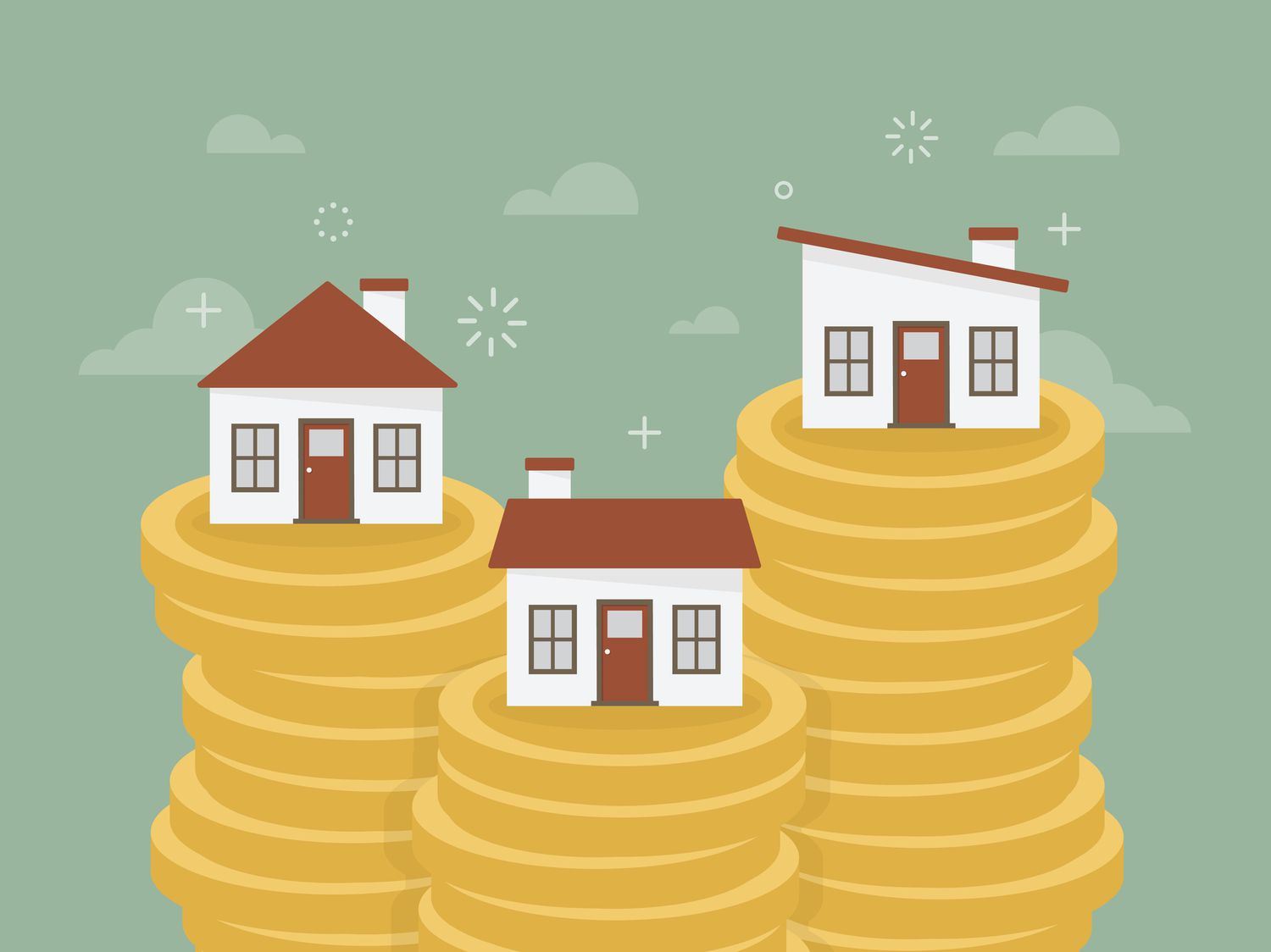 Houses on various piles of coins