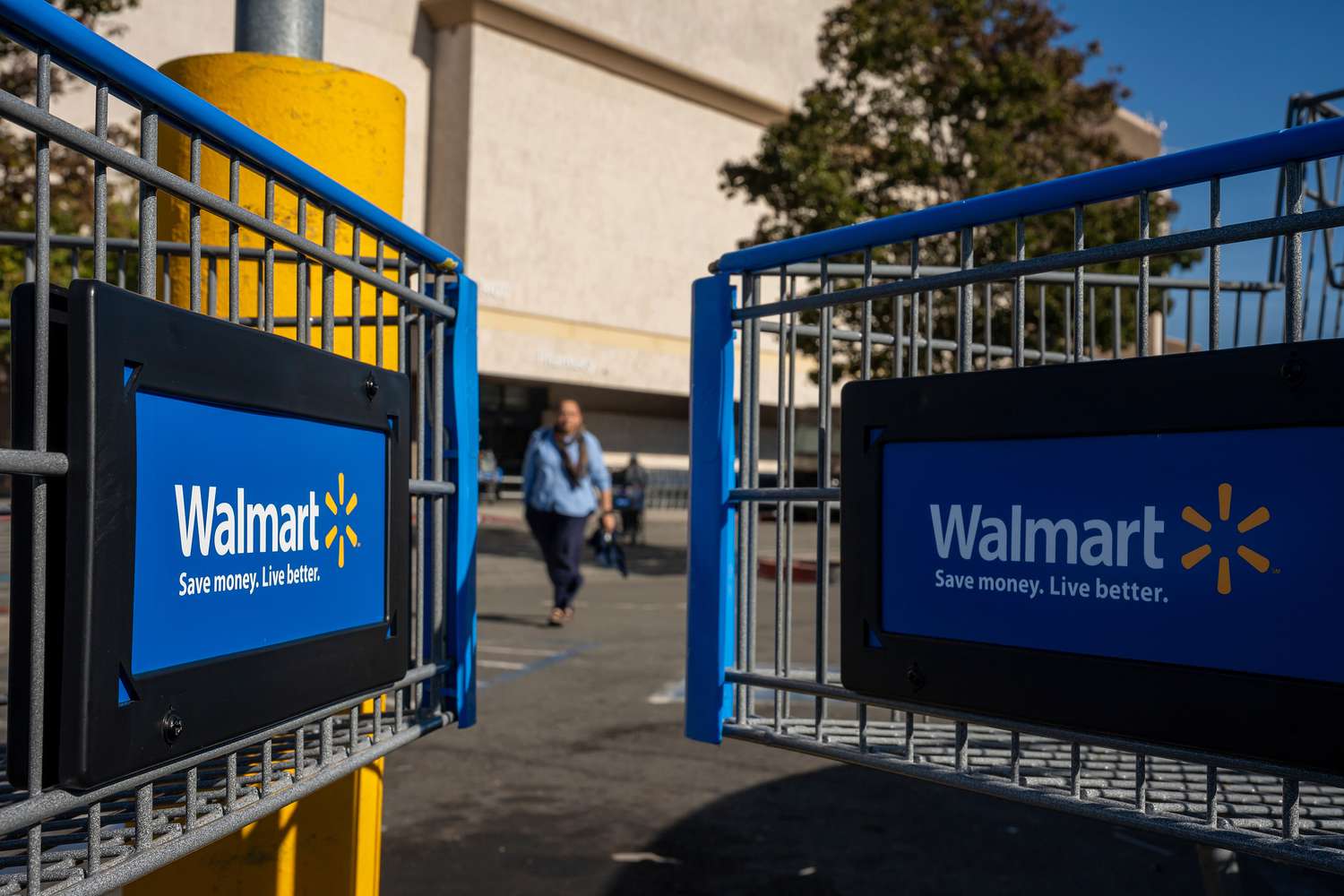 Shopping carts outside a Walmart store in California on Monday. 