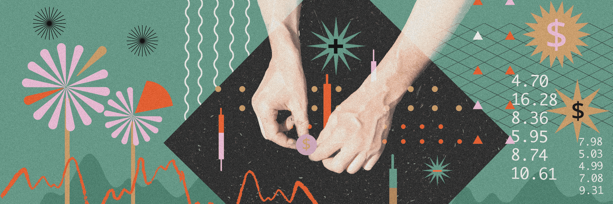 Illustrated hands manipulating objects against a backdrop of graphs, financially themed patterns, and symbols.