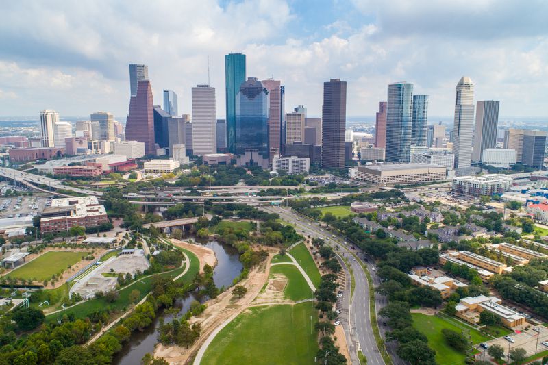 Aerial view taking by drone of downtown Houston, Texas