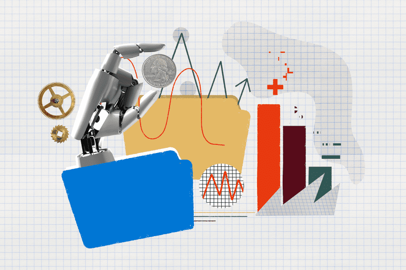 Photo and illustration composite image representing using AI to help inform your investing strategy.
