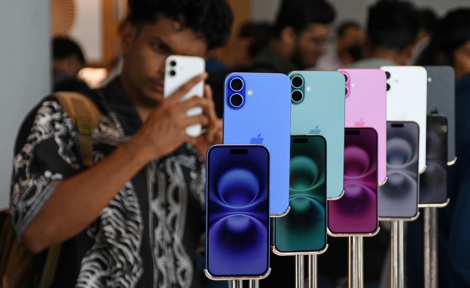  iPhone 16 models kept on display at the Apple store in in Mumbai. 
