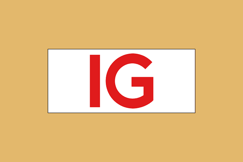 Image shows IG's logo in a white rectangle box against a mustard-colored background. 