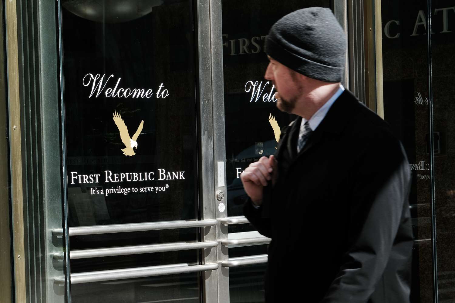 A man walks past a First Republic bank in Manhattan on May 1, 2023 in New York City.