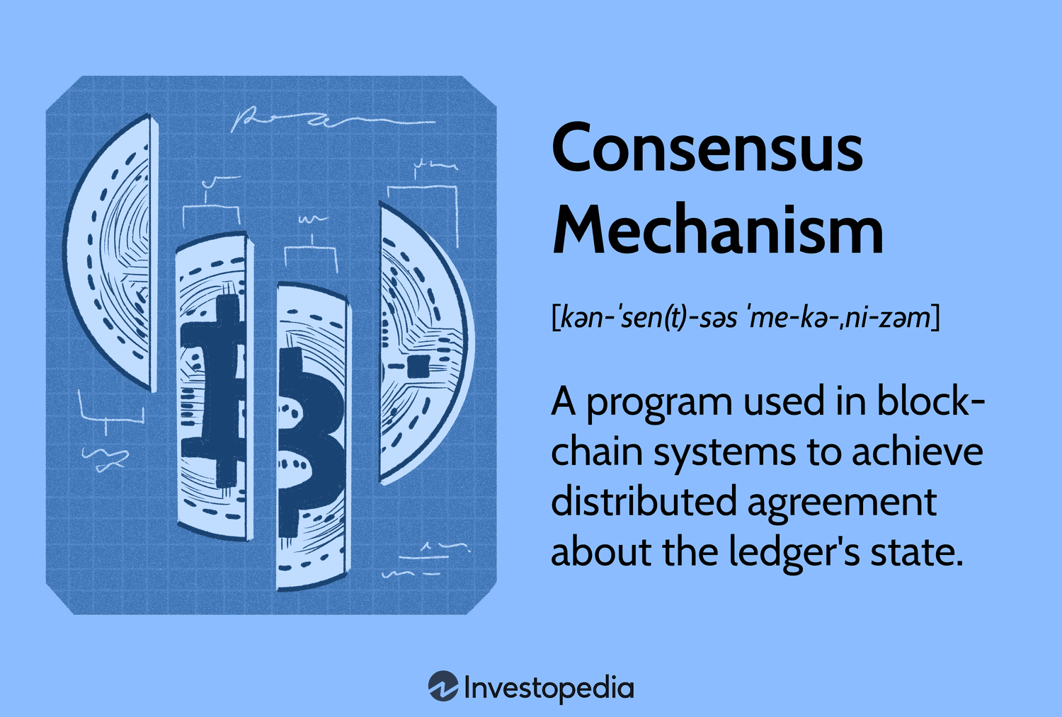 Consensus Mechanism: A program used in blockchain systems to achieve distributed agreement about the ledger's state.