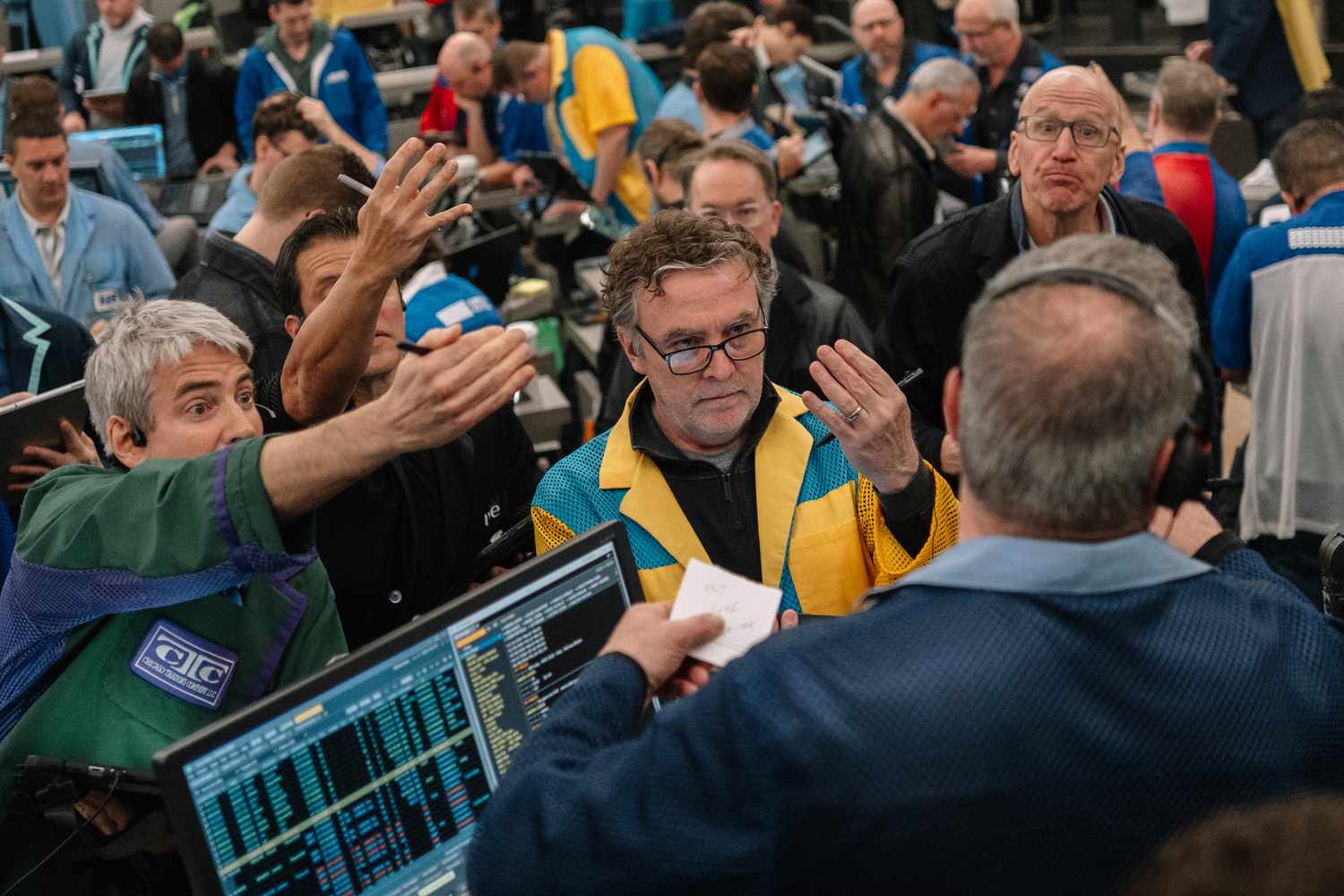 Traders work in the S&P 500 Index (SPX) options pit at the Cboe Global Markets exchange in Chicago, Illinois, US, on Tuesday, April 8, 2025.