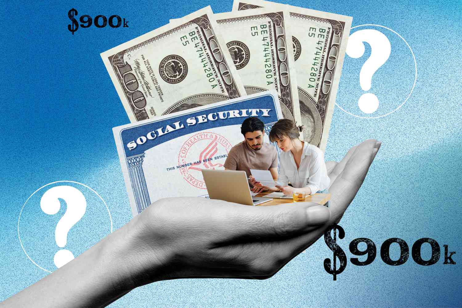 illustration showing a couple, social security card and U.S. dollars