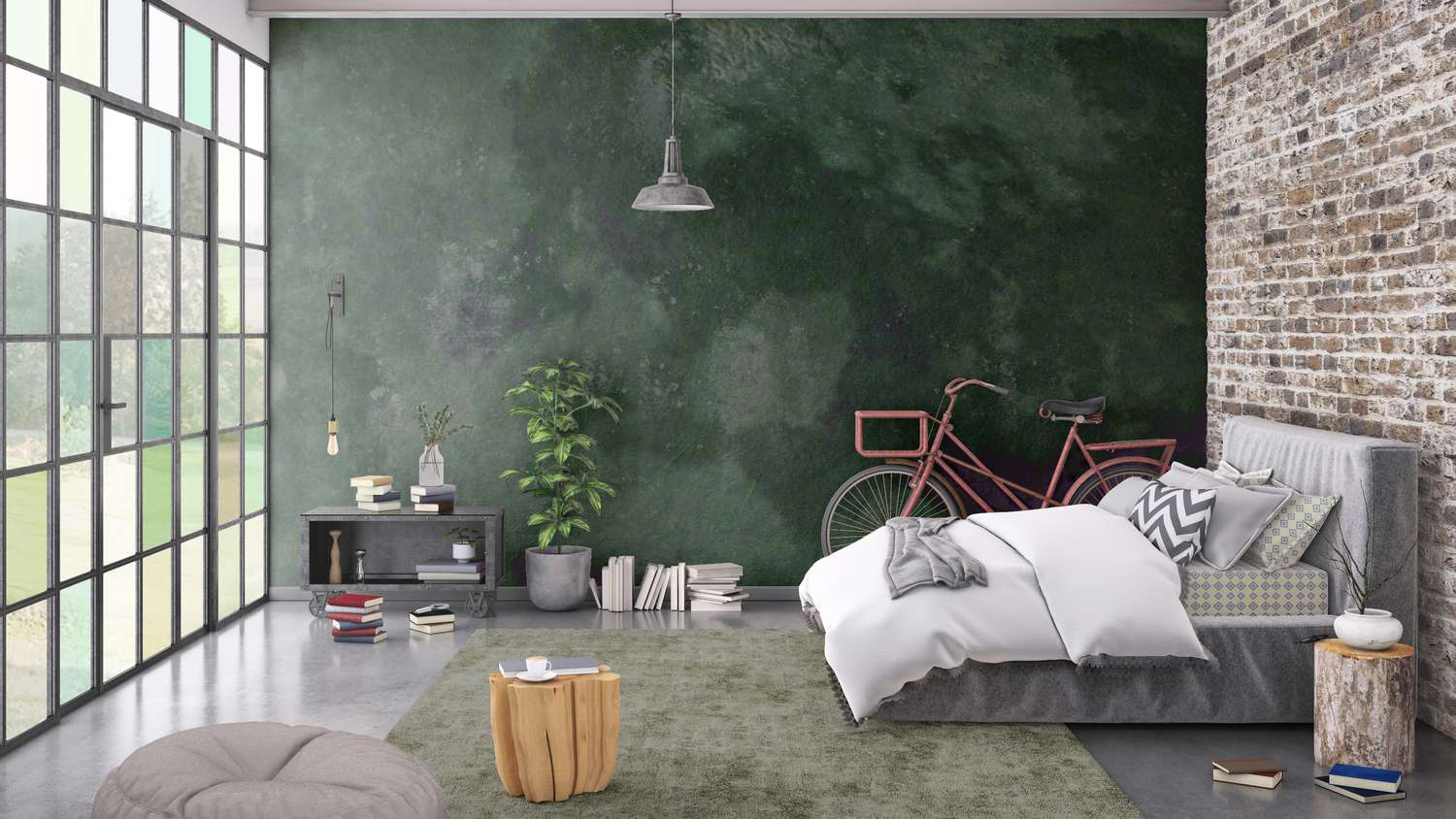 Modern bedroom interior, with bed, night tables, lamps, and many details around