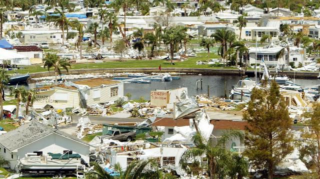 Houses damaged by hurricane charley retirement community in a Punta Gorda, Fla., retirement community