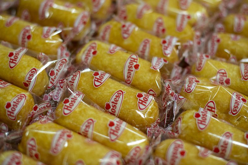 Hostess Brands LLC Twinkies snack cakes sit in a tray in the packaging area of a Hostess bakery in Schiller Park, Illinois, U.S.