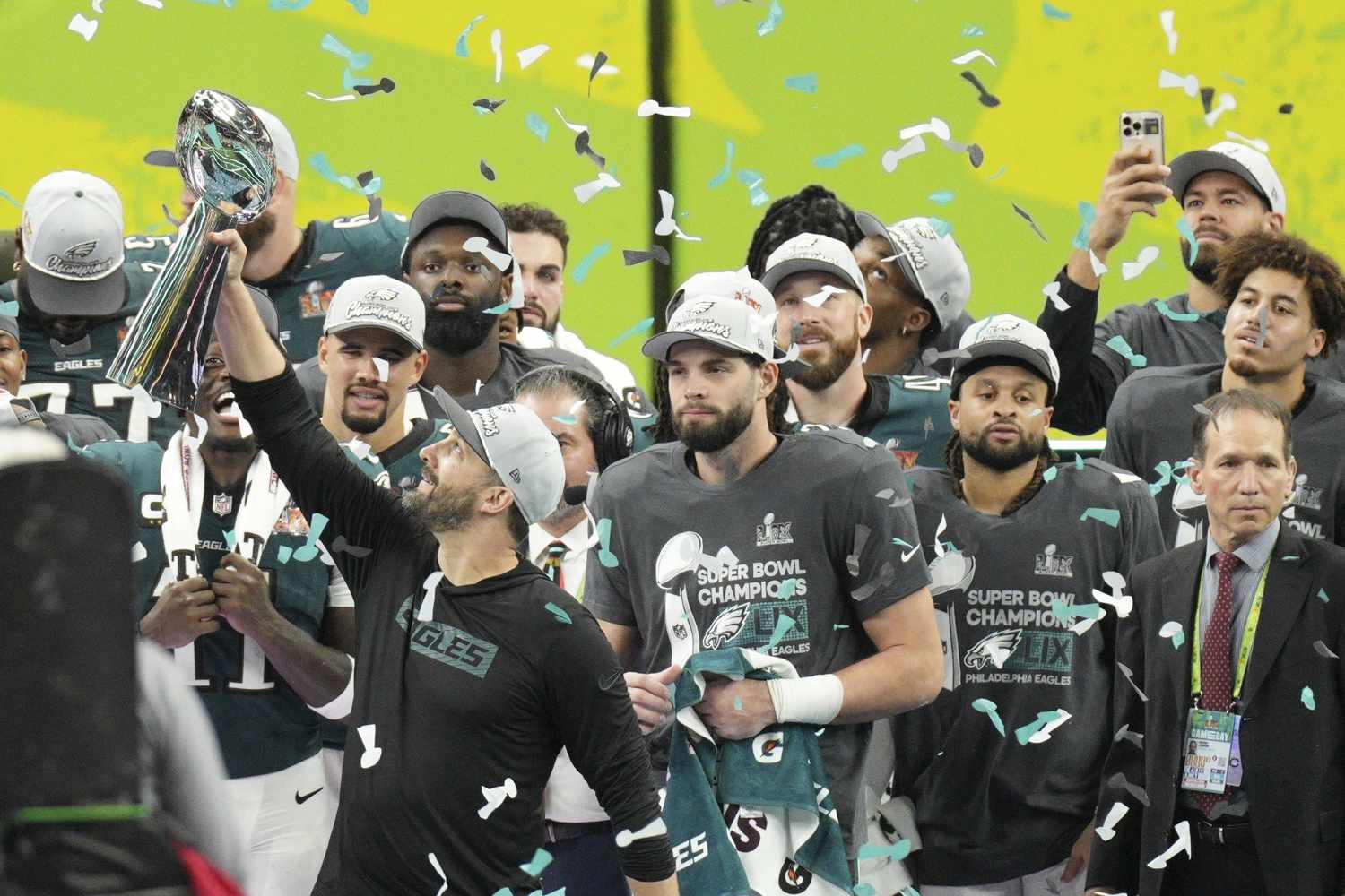 Members of the Philadelphia Eagles celebrate their Super Bowl win on Sunday. 