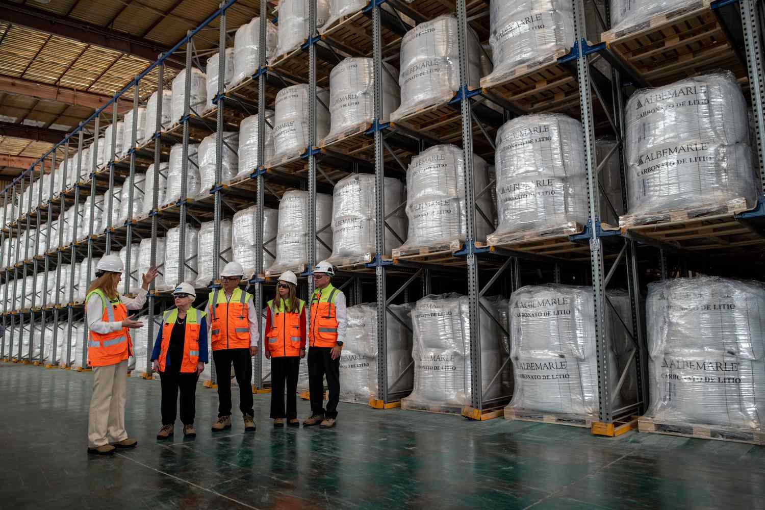 US Treasury Secretary Janet Yellen (second from left) meets with Albemarle executives during a visit to the company's lithium processing facility in Antofagasta, Chile, on March 2, 2024.
