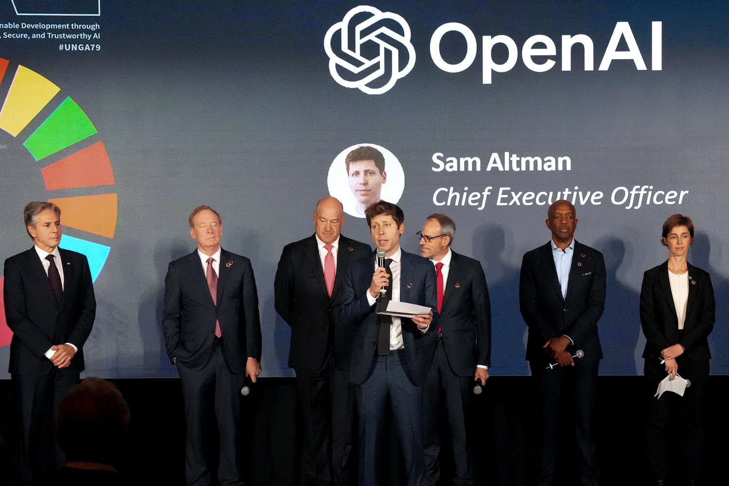 OpenAI Chief Executive Officer Sam Altman (C) speaks at the Advancing Sustainable Development through Safe, Secure, and Trustworthy AI Event at Grand Central Terminal on September 23, 204 in New York