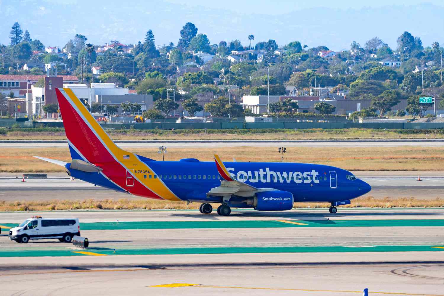 Southwest Airlines Boeing 737-752 arrives at Los Angeles International Airport during Memorial Day weekend on May 24, 2024 in Los Angeles, California