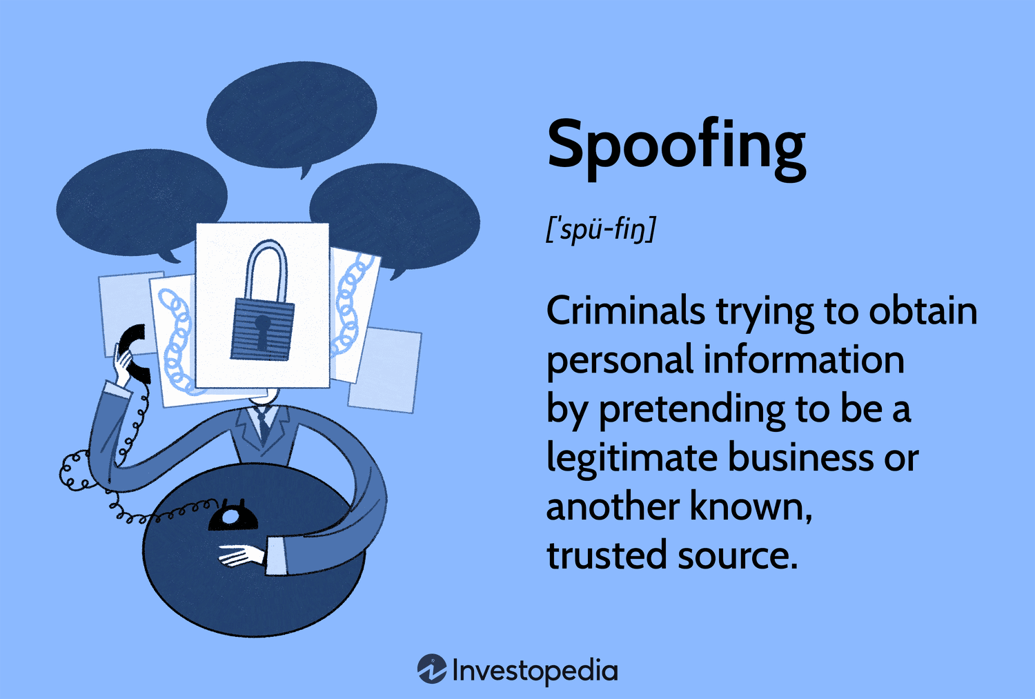 Spoofing: Criminals trying to obtain personal information by pretending to be a legitimate business or another known, trusted source.