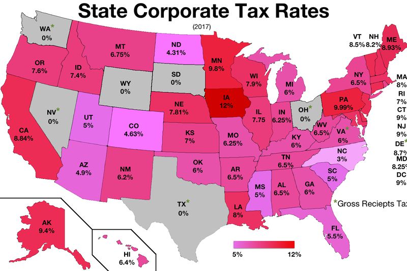 State corporate tax rates in the United States (2017-19)