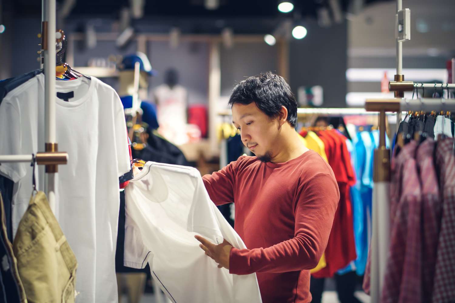 Fashion and Consumerism Concept.Smart man with beard choosing clothes in clothing store at shopping center, looking for new shirts design that hanging on the rail
