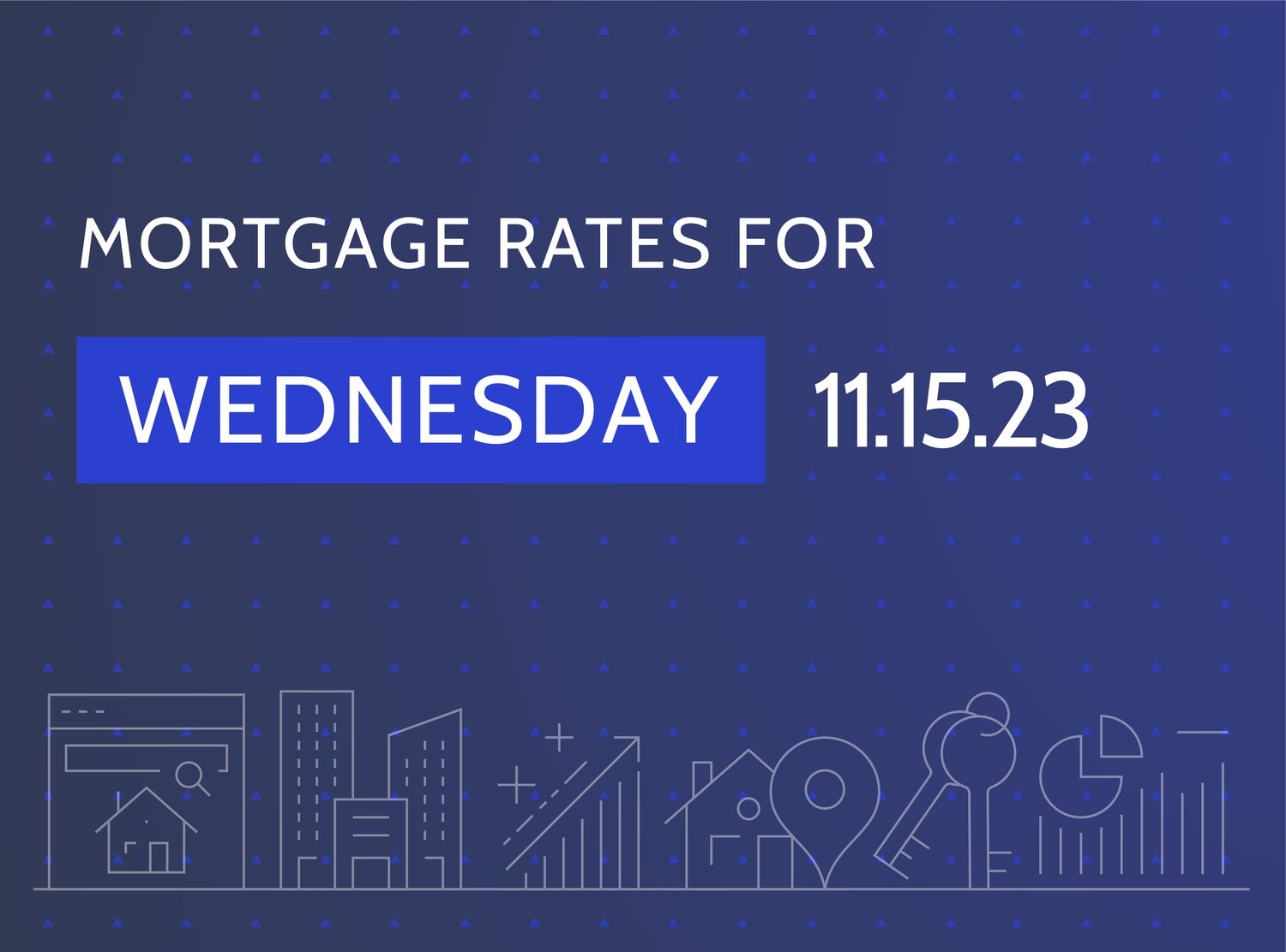 Custom illustration shows title "Mortgage rates for Wednesday 11.15.23" on a dark blue background with white line images of a house, buildings, graph with upward arrows, keys, and pie charts.