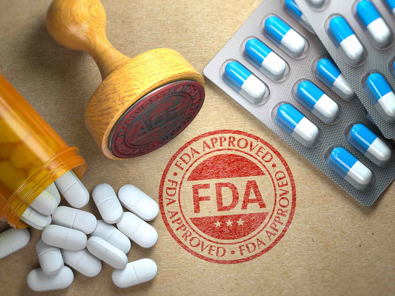 Fda Approved Concept. Rubber Stamp With FDA and Pills on Craft Paper