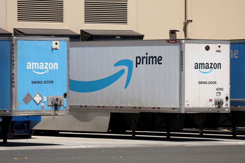 Amazon Prime logo on the side of Amazon delivery truck container.