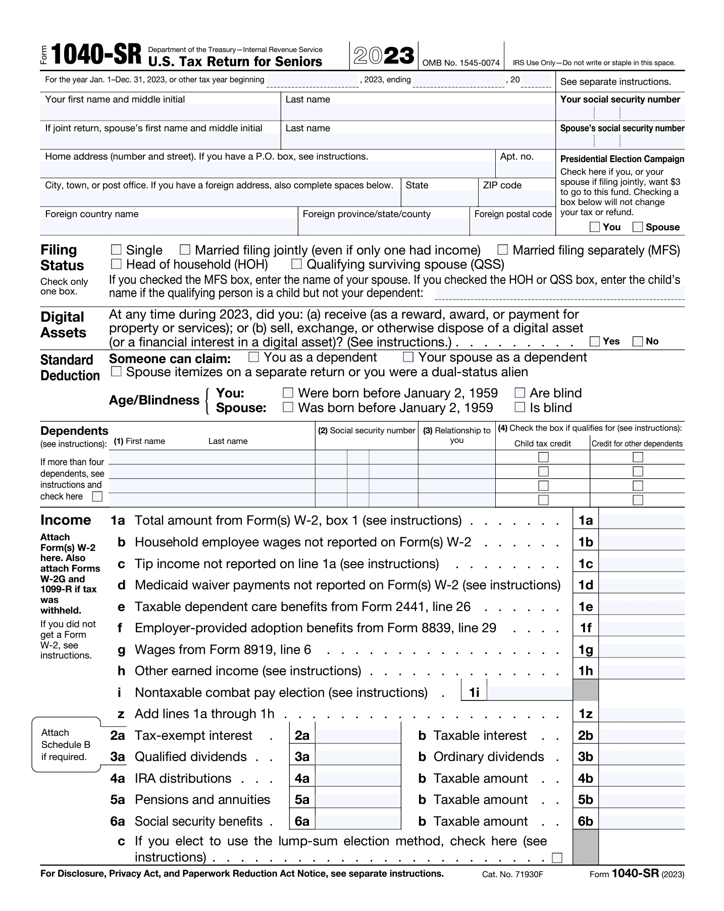 IRS 2023 1040-SR tax return form for seniors