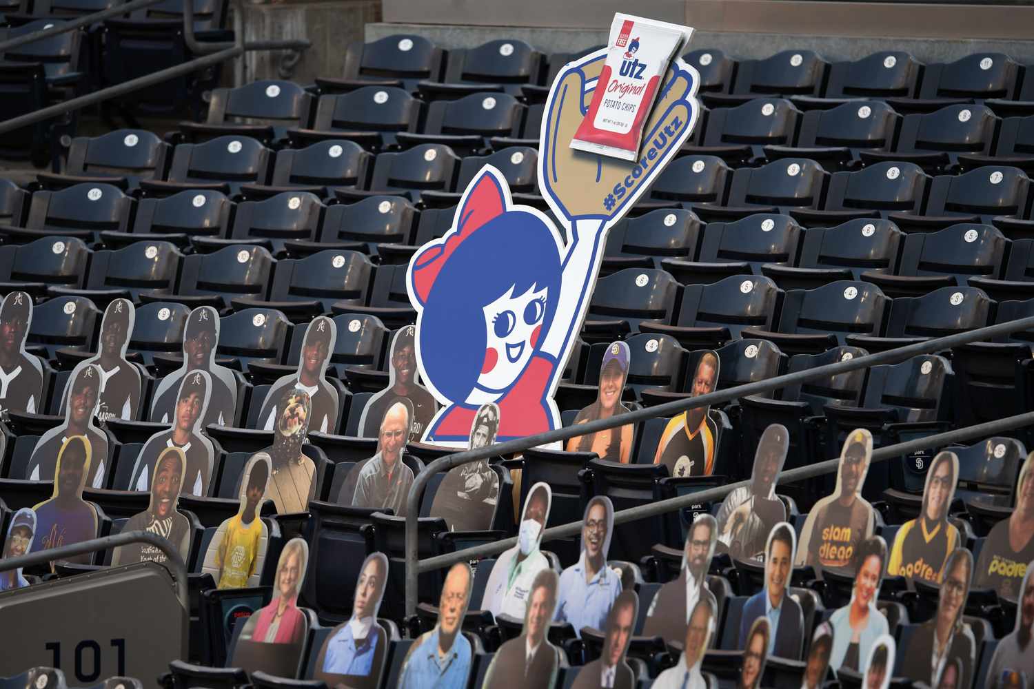 An Utz brand promotional cutout at a Major League Baseball game in 2020