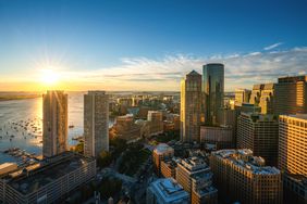 aerial view of Boston Harbor and the financial district