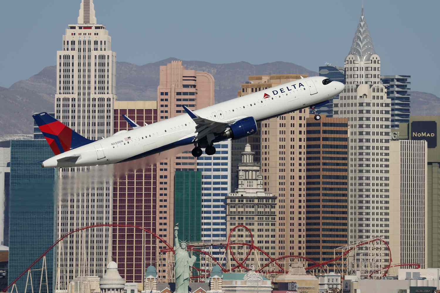 A Delta Airlines Airbus A-321 departs from Harry Reid International Airport en route to Atlanta