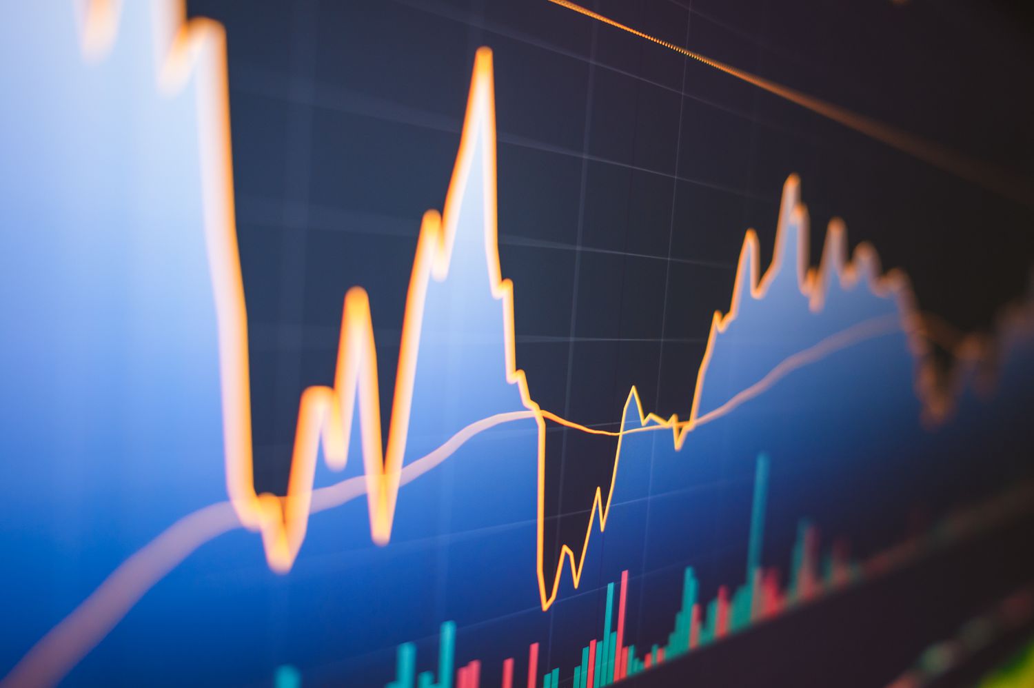 A stock trader's computer screen showing the volatility of current stock prices