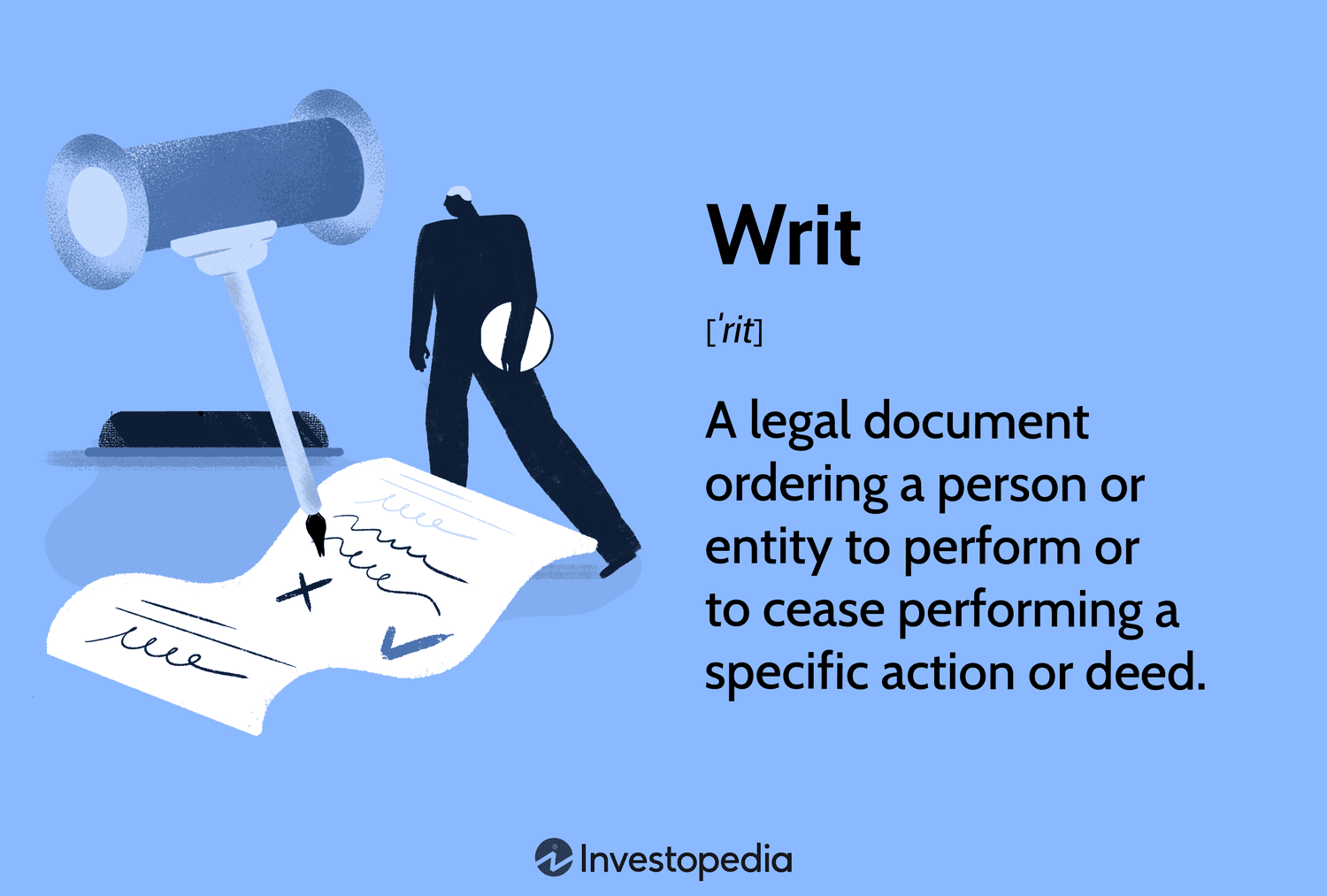 Writ: A legal document ordering a person or entity to perform or to cease performing a specific action or deed.
