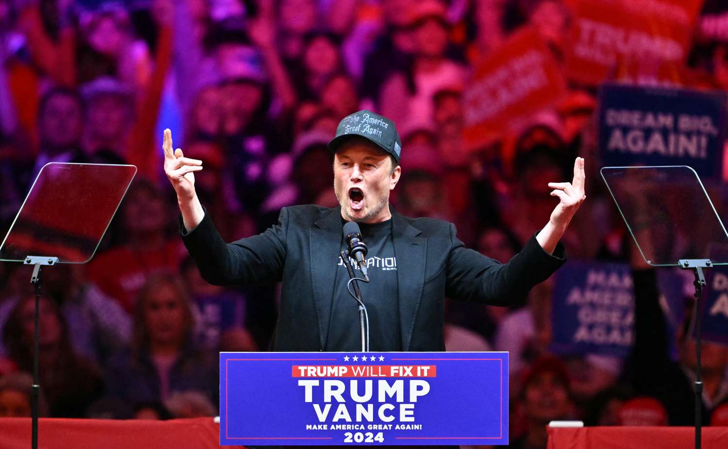 Tesla and SpaceX CEO Elon Musk speaks at a rally for former US President and Republican presidential candidate Donald Trump at Madison Square Garden in New York, October 27, 2024. 
